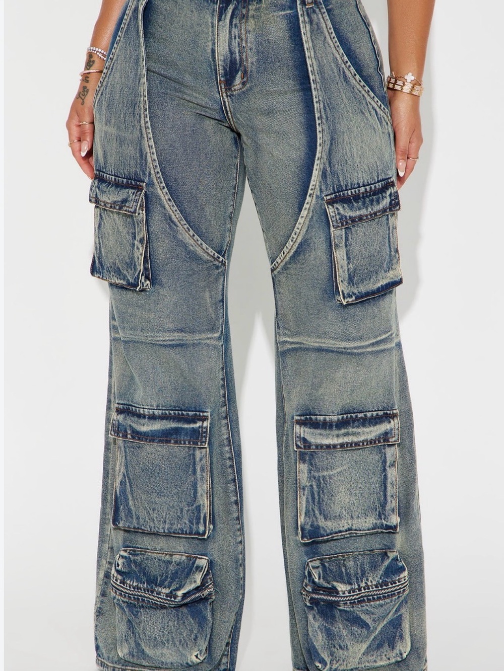 Fashion Nova Distressed Blue Wide-Leg Cargo Jeans Size 15 Brand New